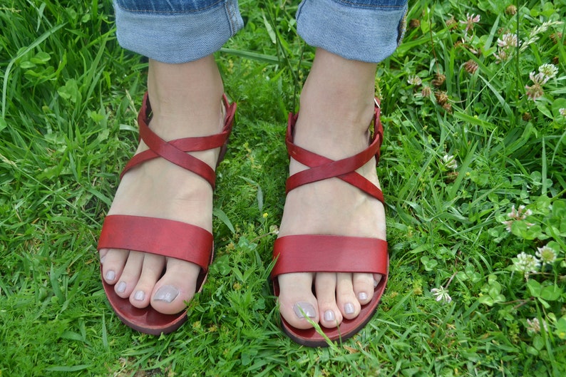 Red Leather Sandals, Summer Flats, Women Shoes,Handmade shoes, Greek Sandals image 3