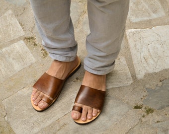 Sandales en cuir pour hommes grecs, chaussures d’été pour hommes, appartements pour hommes, cadeau en cuir pour lui