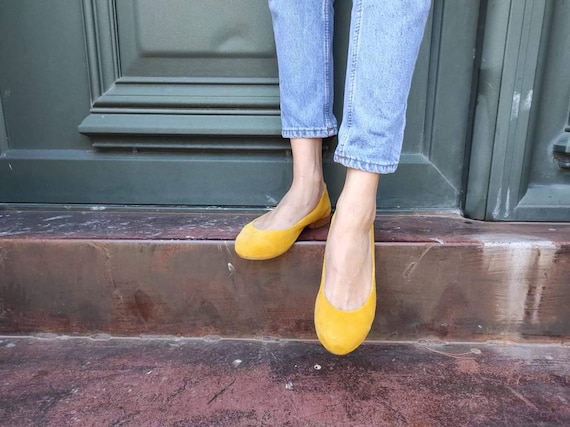 Yellow Suede Leather Ballet Flats Ballerinas Ballerina's - Etsy Israel