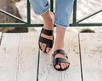 SALE, Black Leather Sandals, Handmade Sandals, Flat Sandals, Black Summer Shoes, Slide Sandals, Toe Ring Sandals, Slip On Sandals,