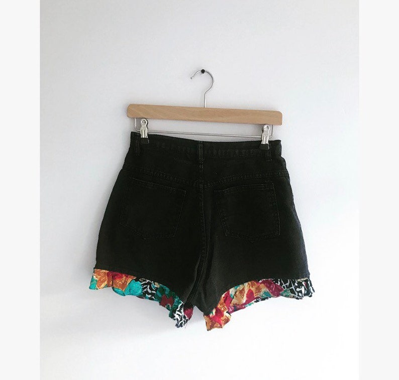 80s vintage black denim shorts with frill hem US size 9 waist 27 inches