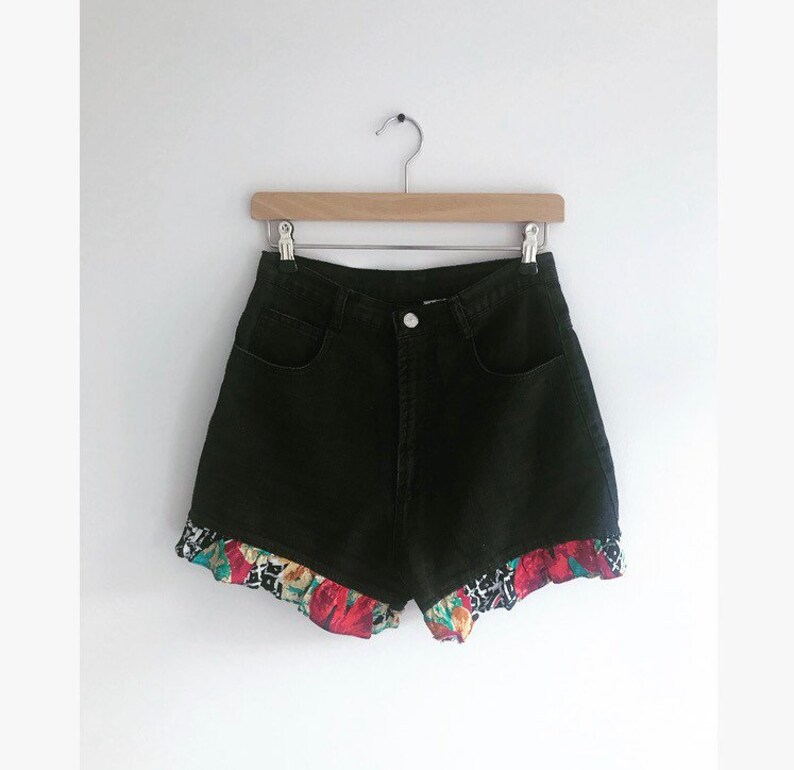 80s vintage black denim shorts with frill hem US size 9 waist 27 inches