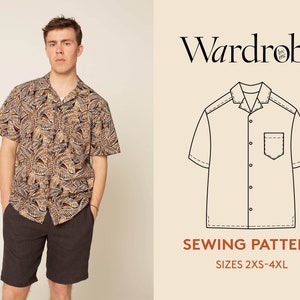 Tropical shirt sewing pattern, projector file,  and video tutorial, Men's sizes 2XS-4XL, Bowling shirt PDF sewing pattern