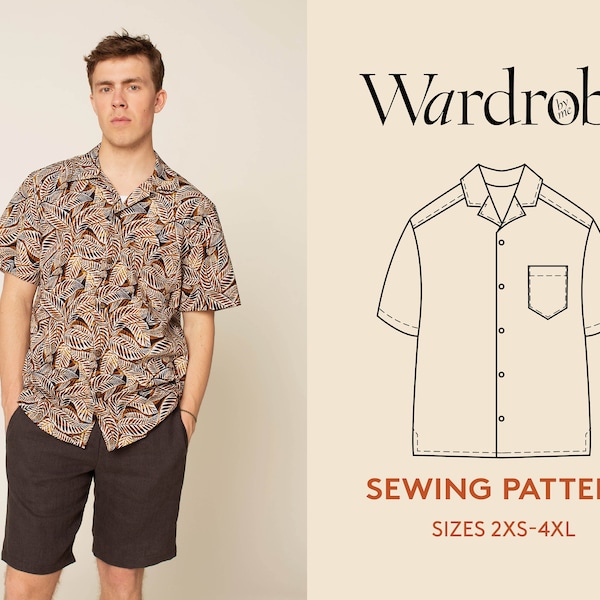 Tropical shirt sewing pattern, projector file,  and video tutorial, Men's sizes 2XS-4XL, Bowling shirt PDF sewing pattern