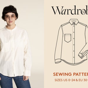 Shirt sewing pattern, projector file, and video tutorial, woman's sizes US 0-24 / Euro 30-54, Women's shirt PDF sewing pattern image 1