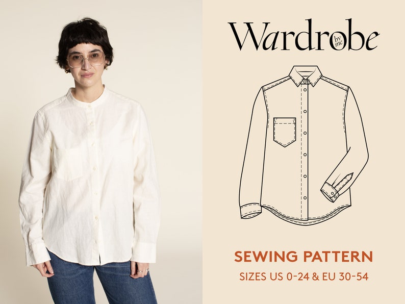 Shirt sewing pattern, projector file, and video tutorial, woman's sizes US 0-24 / Euro 30-54, Women's shirt PDF sewing pattern image 1