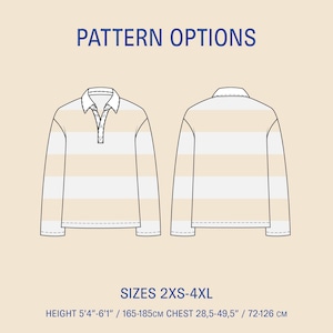May include: A long-sleeved rugby shirt with cream and white horizontal stripes. The shirt has a white collar and a three-button placket. The image includes the text "PATTERN OPTIONS" and size information: "SIZES 2XS-4XL" and "HEIGHT 5'4"-6'1" / CHEST 28.5-49.5".