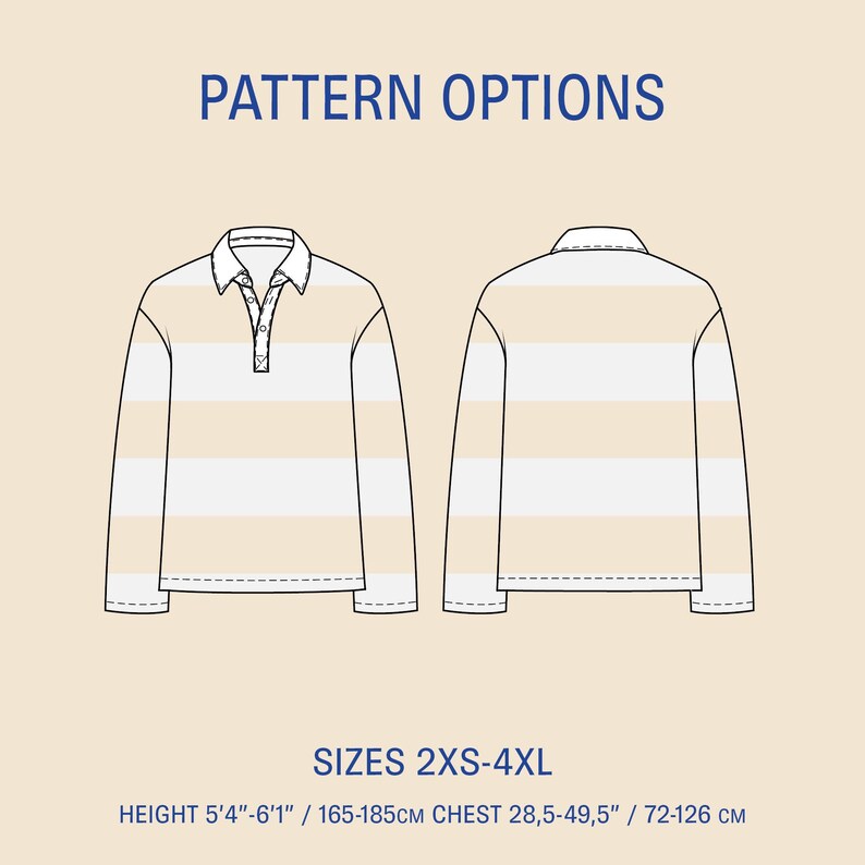 May include: A long-sleeved rugby shirt with cream and white horizontal stripes. The shirt has a white collar and a three-button placket. The image includes the text "PATTERN OPTIONS" and size information: "SIZES 2XS-4XL" and "HEIGHT 5'4"-6'1" / CHEST 28.5-49.5".