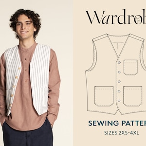 Vest PDF sewing pattern, projector file and Video Tutorial, men's sizes 2xs-4xl, Gilet waistcoat sewing pattern instant download