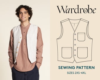 Vest PDF sewing pattern, projector file and Video Tutorial, men's sizes 2xs-4xl, Gilet waistcoat sewing pattern instant download