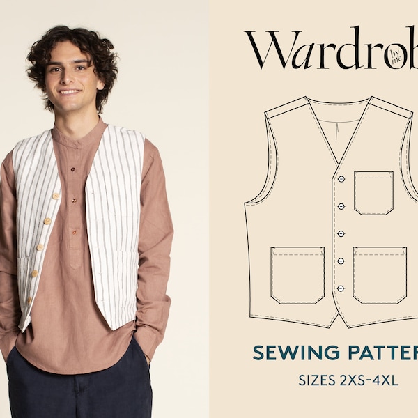 Vest PDF sewing pattern, projector file and Video Tutorial, men's sizes 2xs-4xl, Gilet waistcoat sewing pattern instant download