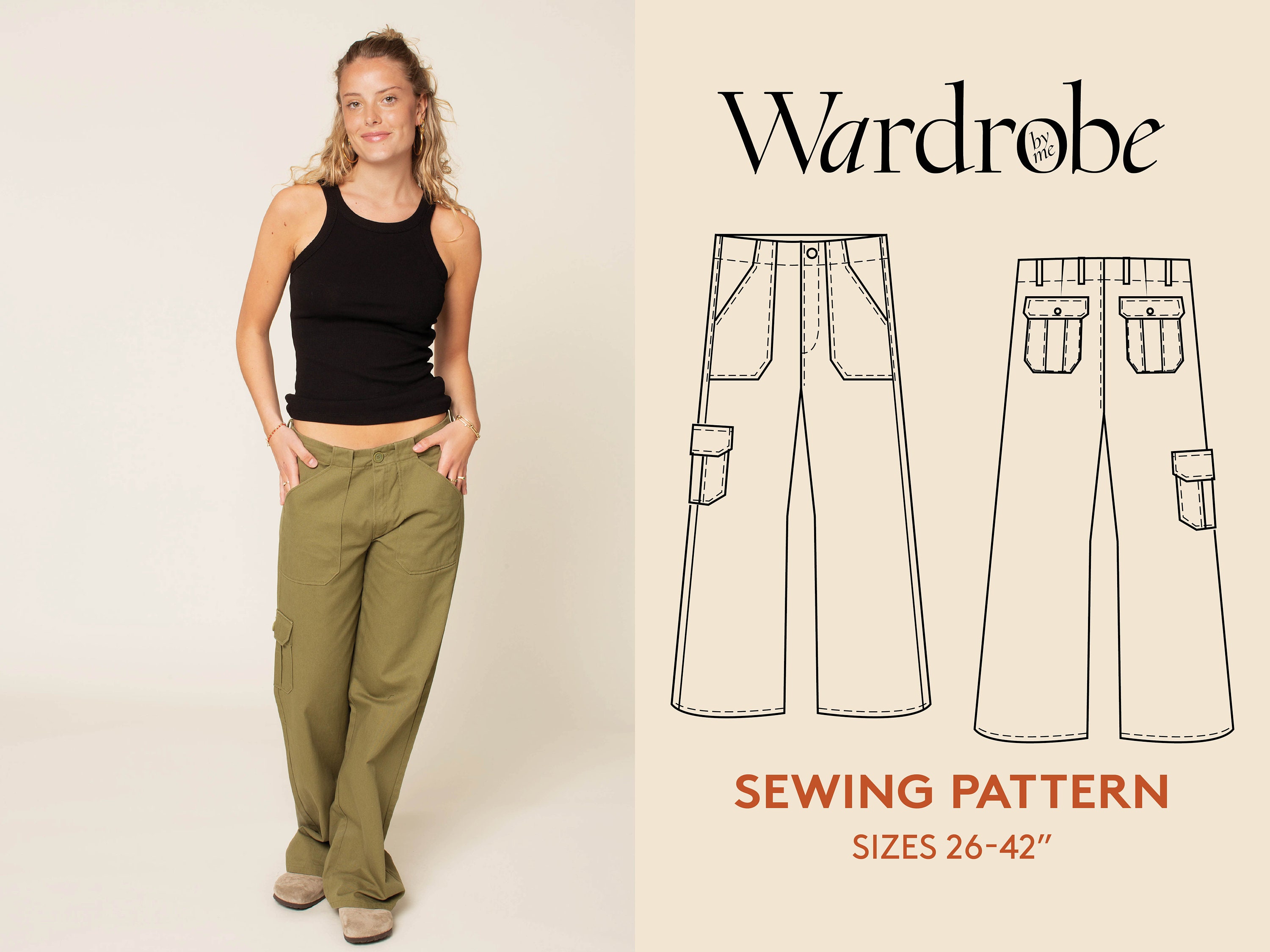 Cargo Pants PDF Sewing Pattern and Video Tutorial, Unisex Sizes 26