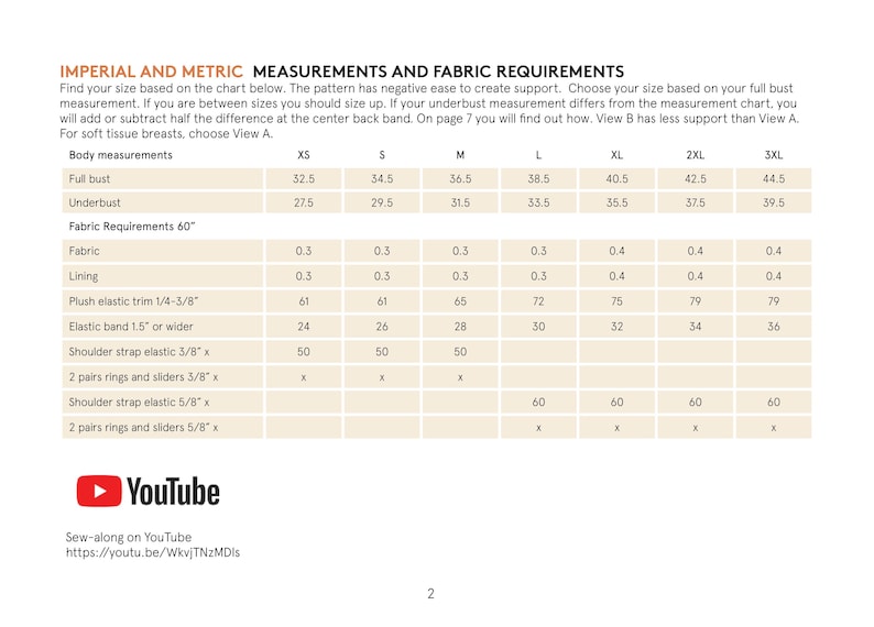 Puede incluir: Un cuadro blanco con texto negro que detalla las medidas imperiales y m&eacute;tricas y los requisitos de tejido para un patr&oacute;n de costura. Incluye medidas de busto, bajo busto y tejido en cm.