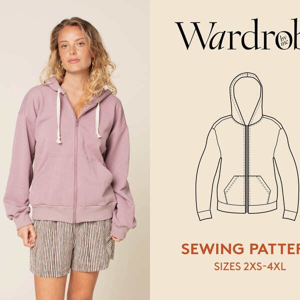 Hoodie sewing pattern and video tutorial, sizes 2XS-4XL.  Zip-up zipper Hoodie pattern. Easy sewing project.