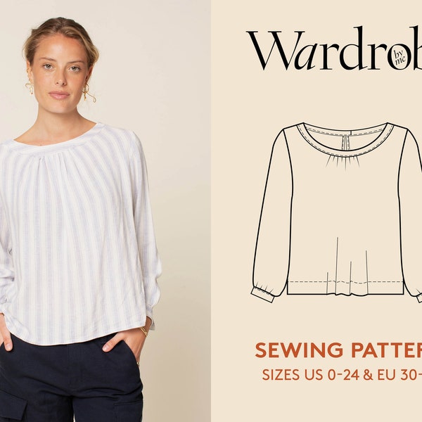 Blouse sewing pattern and video tutorial, sizes US 0-24/EU 30-54, Women's PDF sewing pattern