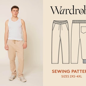 Pants sewing pattern for men and video tutorial and projector file, sweatpants PDF pattern in sizes 2XS-4XL, Easy sewing project