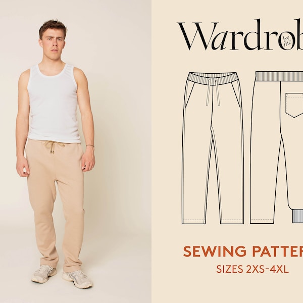 Pants sewing pattern for men and video tutorial and projector file, sweatpants PDF pattern in sizes 2XS-4XL, Easy sewing project