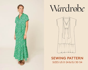 Kaftan dress with smock PDF sewing pattern in sizes US 0-24 Euro 30-54, Loose tunic dress sewing pattern