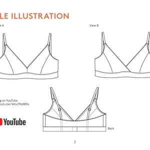 Puede incluir: Dibujos t&eacute;cnicos de un sujetador, que muestran vistas frontal, lateral y posterior. El sujetador tiene tirantes ajustables y un dise&ntilde;o cruzado. El texto incluye "STYLE ILLUSTRATION", "Vista A", "Vista B" y un logotipo de YouTube con una URL.
