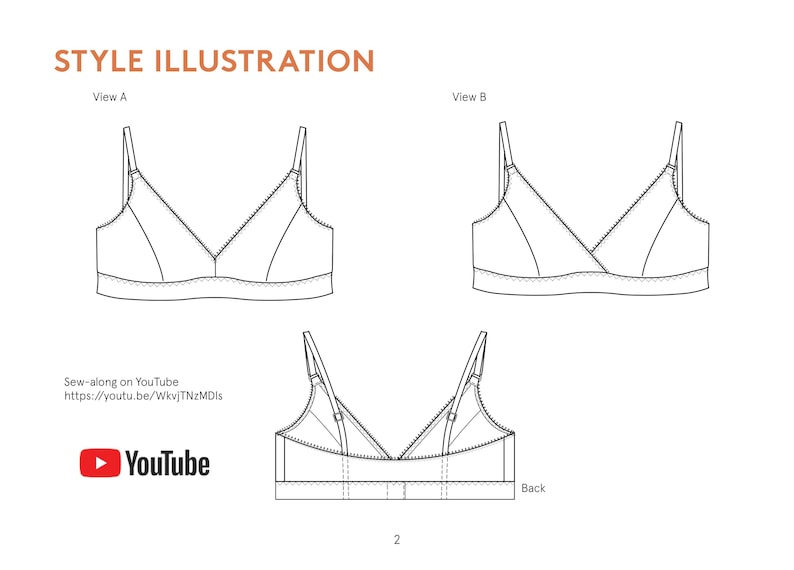 Puede incluir: Dibujos t&eacute;cnicos de un sujetador, que muestran vistas frontal, lateral y posterior. El sujetador tiene tirantes ajustables y un dise&ntilde;o cruzado. El texto incluye "STYLE ILLUSTRATION", "Vista A", "Vista B" y un logotipo de YouTube con una URL.