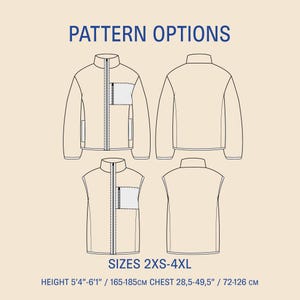 May include: Illustration of jacket and vest pattern options. The image shows front and back views of a jacket and vest. Text at the top reads "PATTERN OPTIONS". Text at the bottom reads "SIZES 2XS-4XL" and "HEIGHT 5'4"-6'1" / CHEST 28.5-49.5".