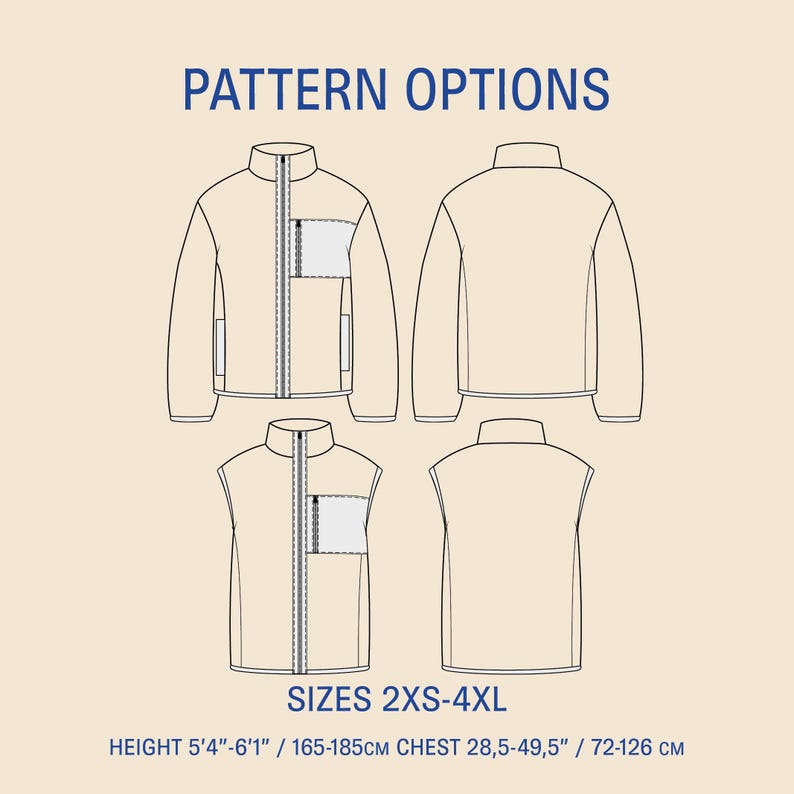 May include: Illustration of jacket and vest pattern options. The image shows front and back views of a jacket and vest. Text at the top reads "PATTERN OPTIONS". Text at the bottom reads "SIZES 2XS-4XL" and "HEIGHT 5'4"-6'1" / CHEST 28.5-49.5".