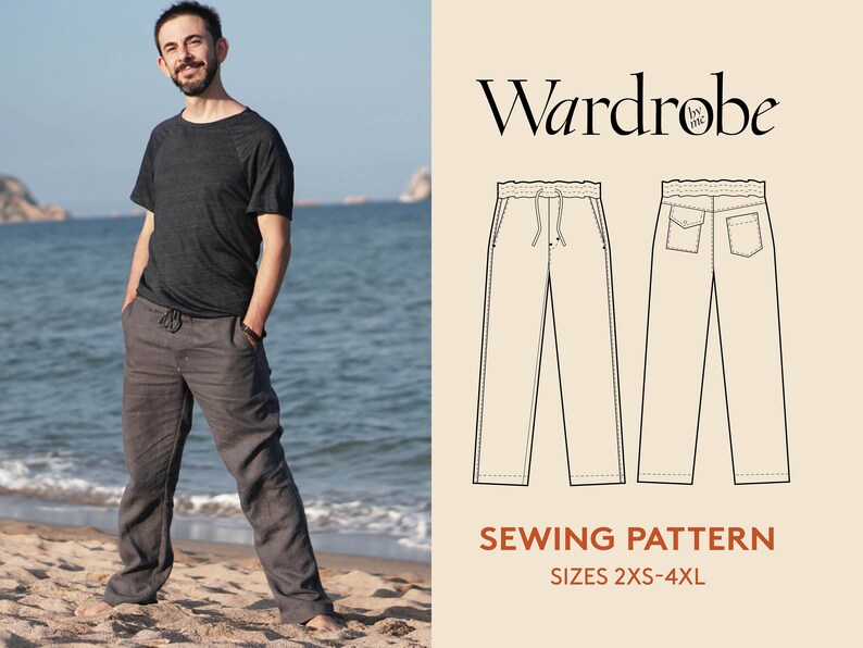Pants sewing pattern, projector file and video tutorial, Men's sizes 2XS-4XL, Linen Pants PDF pattern for men. Easy sewing project image 1