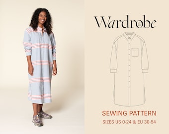 Maxi Shirtdress sewing pattern, Video and projector file, oversized big shirt and dress PDF sewing pattern for woven fabric