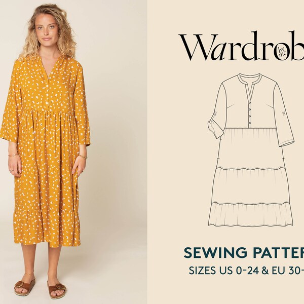 Smock dress Sewing Pattern, projector file and video Tutorial in sizes US 0-24 Euro 30-54, Tiered smock dress PDF sewing pattern