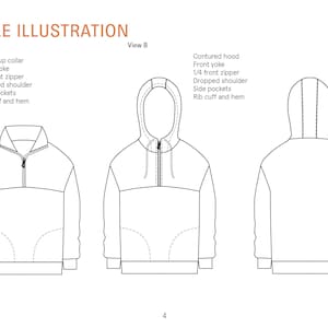 Op de afbeelding: Lijntekening van twee hoodies. De eerste hoodie heeft een opstaande kraag en een 1/4-front rits. De tweede hoodie heeft een gecontourde capuchon en een 1/4-front rits. Beide hoodies hebben afhangende schouders, zijzakken en ribboorden en zoom.