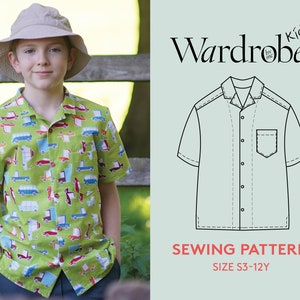 Shirt sewing pattern  and video tutorial, kids sizes 3-12Y, Easy Tropical shirt PDF sewing pattern for beginners