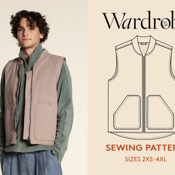 Vest PDF sewing pattern, projector file, and video tutorial, men's Sizes 2XS-4XL, Quilted vest, Gilet sewing pattern