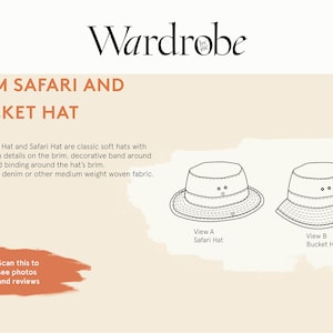 May include: Line drawing of two hats, a safari hat and a bucket hat. The safari hat has a brim that curves down and the bucket hat has a wider brim that is straight. Both hats have a decorative band around the brim. The text "View A Safari Hat" is below the safari hat and the text "View B Bucket Hat" is below the bucket hat.