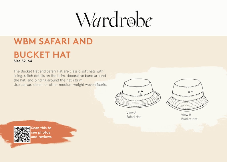 May include: Line drawing of two hats, a safari hat and a bucket hat. The safari hat has a brim that curves down and the bucket hat has a wider brim that is straight. Both hats have a decorative band around the brim. The text "View A Safari Hat" is below the safari hat and the text "View B Bucket Hat" is below the bucket hat.