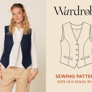 Vest PDF sewing pattern, projector file, and sewing Video Tutorial, women's sizes US 0-24/EU 30-54, Gilet waistcoat pattern