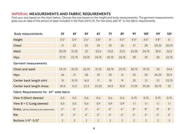 May include: A chart showing imperial measurements and fabric requirements for children's clothing sizes 3Y to 12Y. The chart includes body measurements such as height, chest, waist, and hips, as well as garment measurements such as chest and waist, hips, center back length for shirts and dresses, and fabric requirements for short and long sleeves.