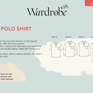 May include: A diagram showing four different views of a polo shirt pattern. The pattern includes a short-sleeved, long-sleeved, and a dress option. The text reads "The Polo Shirt" and "Sizes 3-12Y".