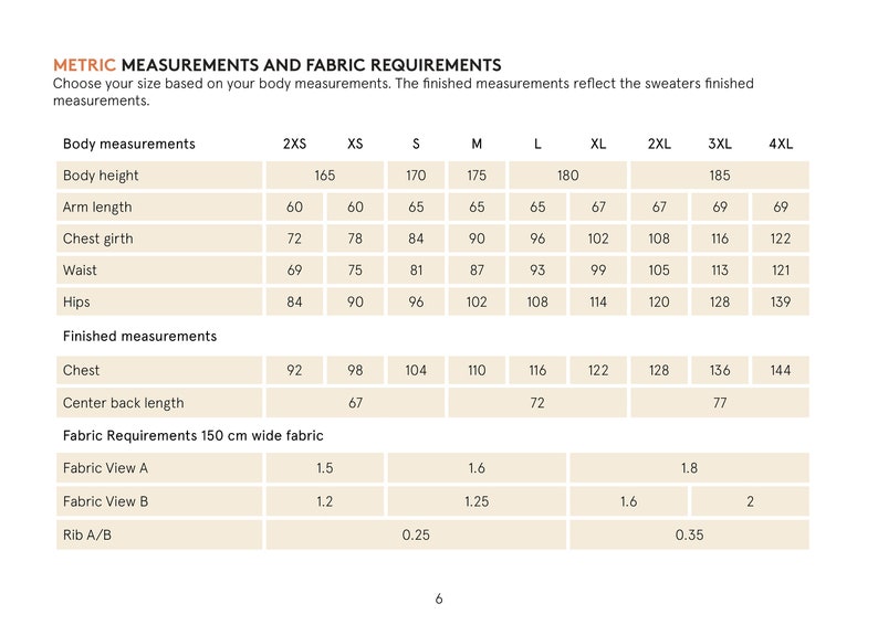 May include: A page with a table of metric measurements and fabric requirements for sweaters. The table includes body measurements such as height, arm length, chest girth, waist, and hips, along with finished measurements and fabric needs.