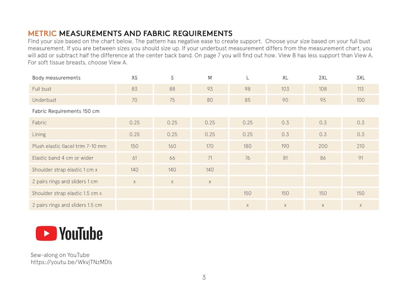 Puede incluir: P&aacute;gina de un patr&oacute;n de costura con una tabla de medidas m&eacute;tricas para el contorno de pecho y bajo pecho, y requisitos de tejido. Incluye un logotipo de YouTube y un enlace a un v&iacute;deo de costura.