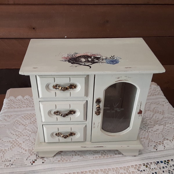 Restored Unique painted jewelry box, table armoire, organizer, vintage distressed girls gift/ Alice box,  carousel, girls inspired keepsake