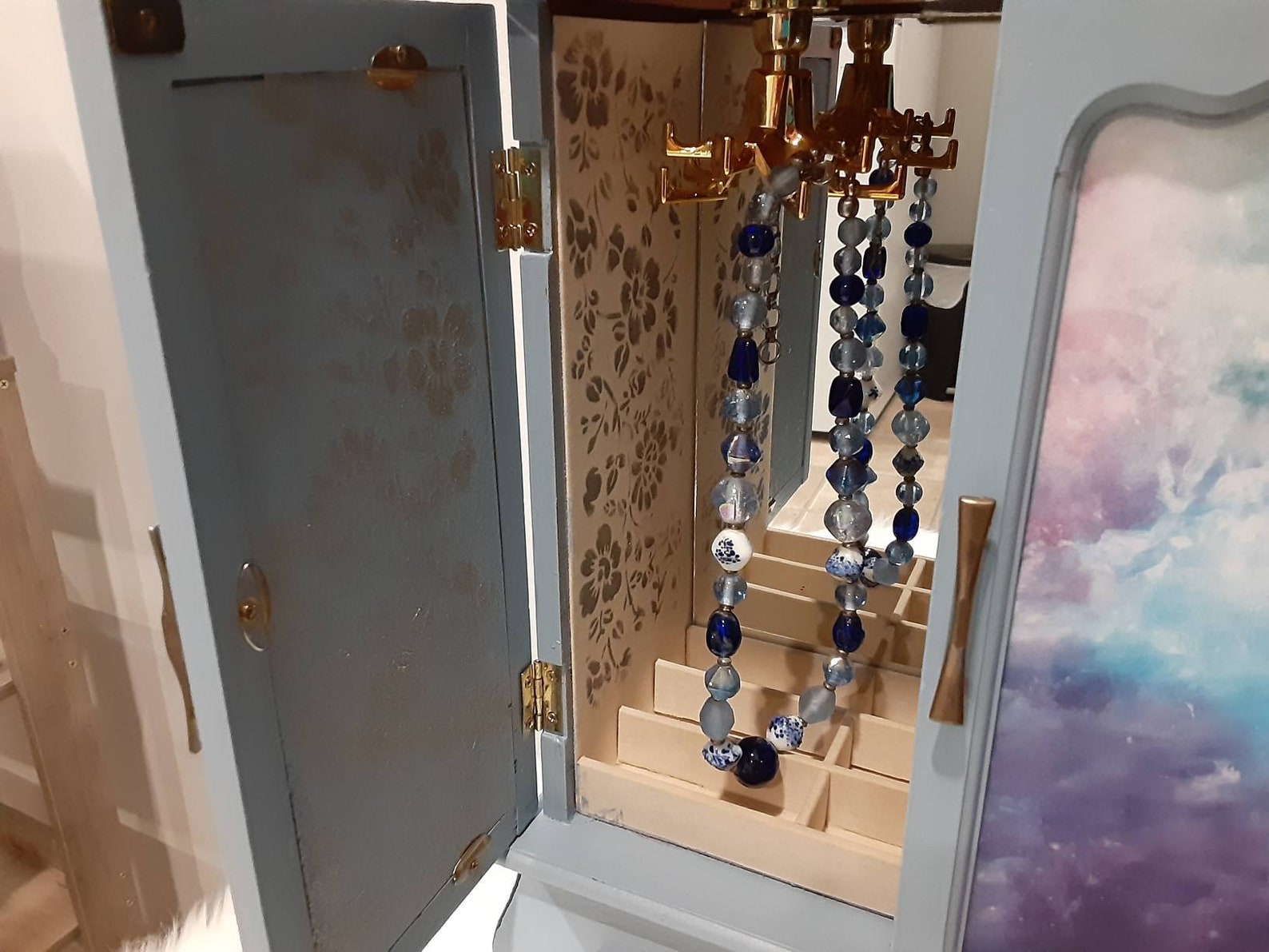Restyled tabletop Jewelry armoire/handpainted decoupage blue Etsy