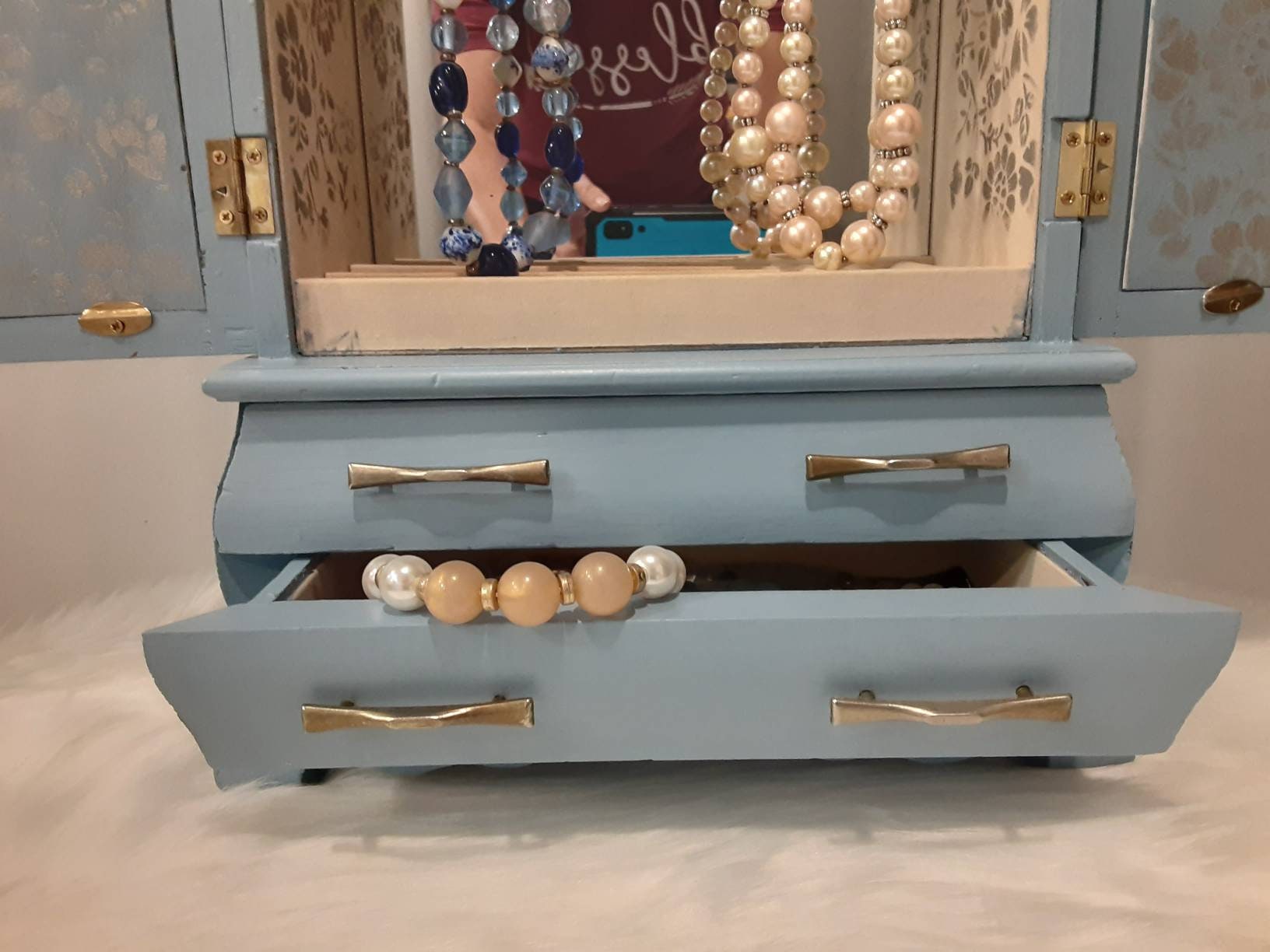 Restyled tabletop Jewelry armoire/handpainted decoupage blue Etsy