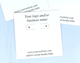 May include: Three white earring cards with holes for displaying earrings. Each card has the text "Your logo and/or business name" and a website address.