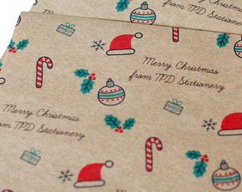 Personalised brown paper Christmas Wrapping with colourful Christmas themed print