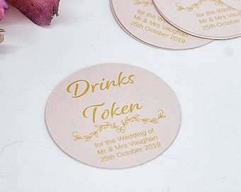 Personalised Blush Pink Drinks Token for Wedding Reception, open Bar Drinks Ticket, Guests Token for free drink