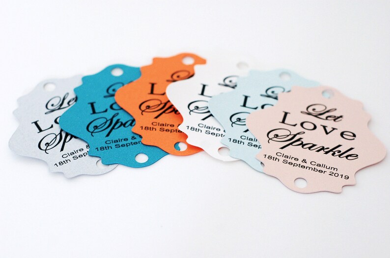 Wedding Sparkler Tags, Let Love Sparkle tags, personalised and printed on pearlescent card image 4