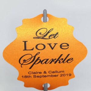 Wedding Sparkler Tags, Let Love Sparkle tags, personalised and printed on pearlescent card Orange Flame