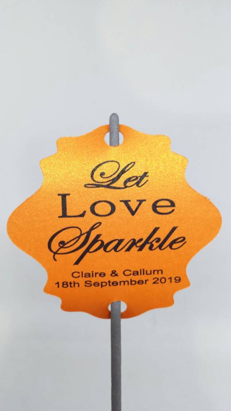 Wedding Sparkler Tags, Let Love Sparkle tags, personalised and printed on pearlescent card Orange Flame