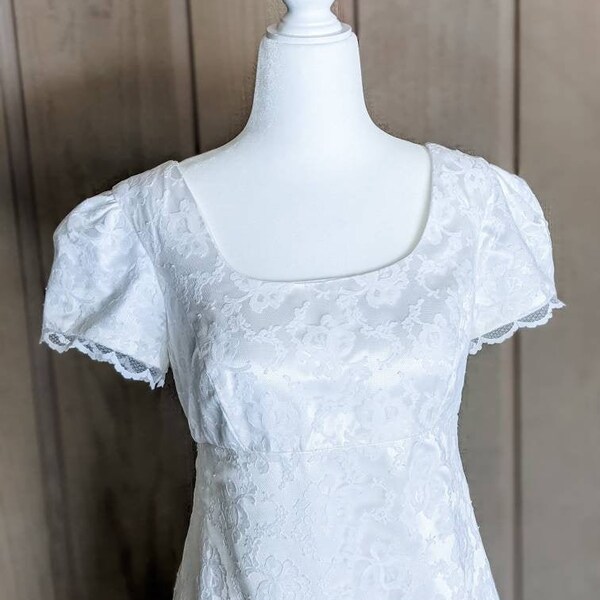 Vintage 1960s wedding dress, lace empire waist wedding dress, historical, Bridgerton, Jane Austen dress