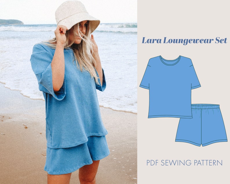 May include: A blue lounge wear set with a short-sleeved top and shorts. The set is shown on a model wearing a white hat and standing on a beach. The text "Lara Loungewear Set" and "PDF Sewing Pattern" is shown on the image.